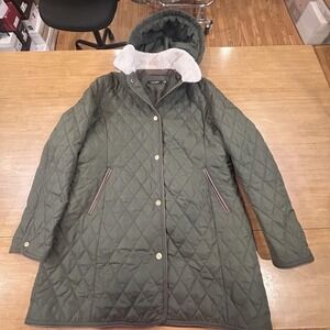 Lauren Ralph Lauren Coat Womens XL Green Quilted Hooded Faux Fur Trim Snap Front